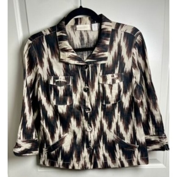 Chico's Jackets & Blazers - Chico’s Linen Black Brown Print Button Front Jacket Sz 4  Lightweight  Chic Boho